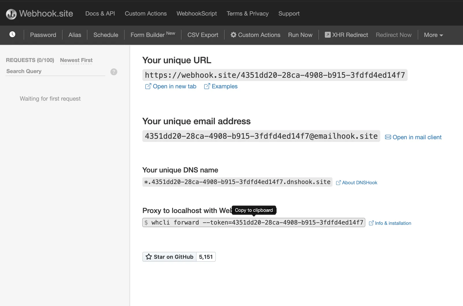 Screenshot showing webhook.site interface with unique URL