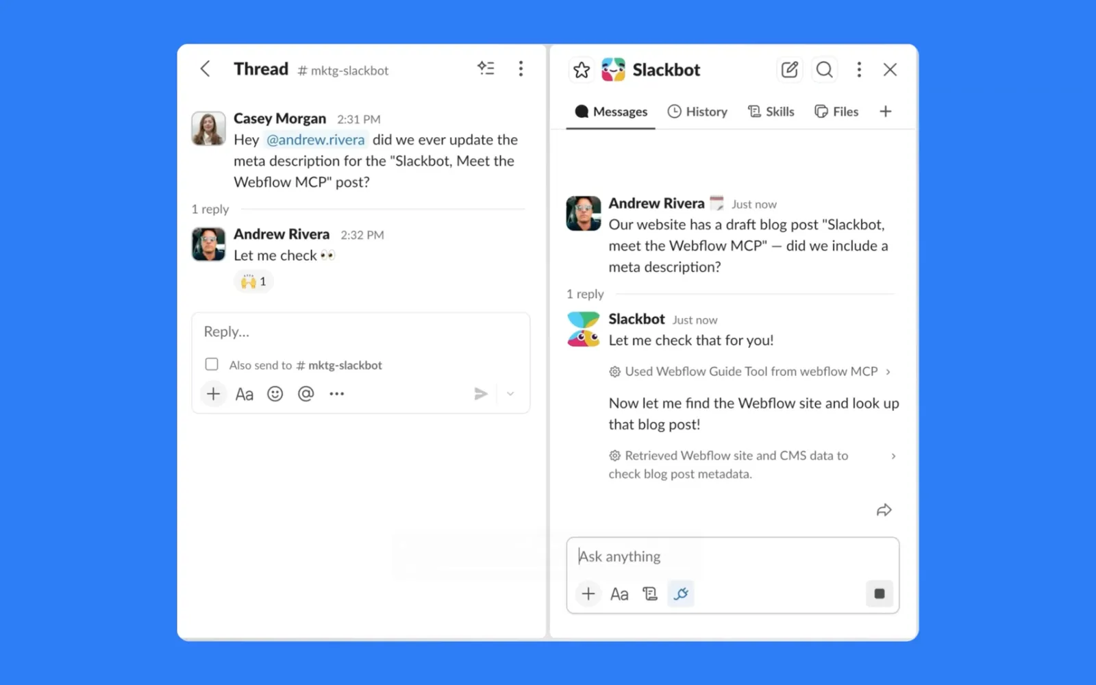 A Slack thread question answered by DMing Slackbot, which uses the Webflow Guide Tool and retrieves Webflow site and CMS data