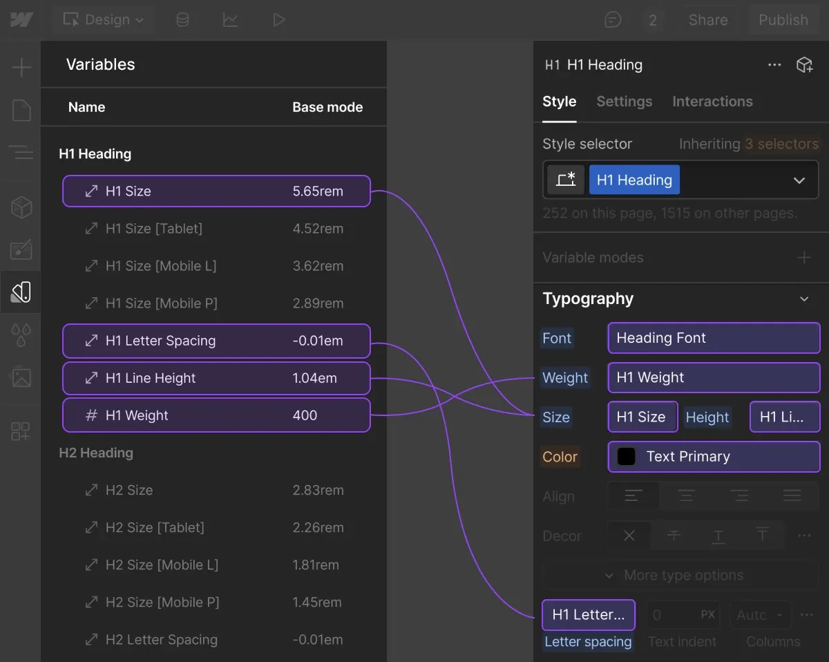 Styles panel with linked variables