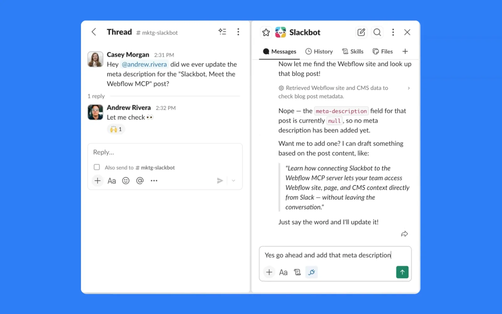 Slackbot drafting a missing meta description and applying it after user confirmation