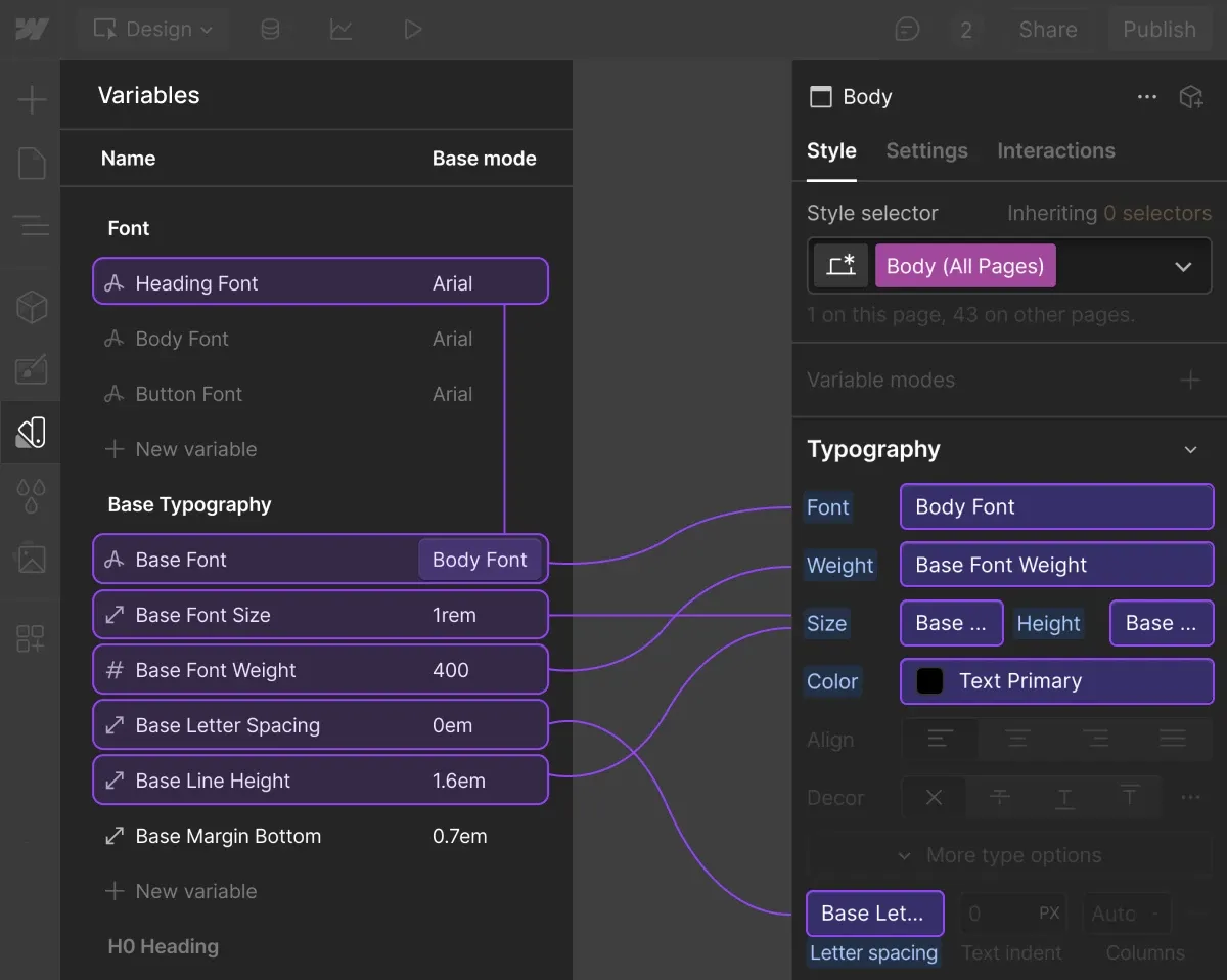 Styles panel with linked variables