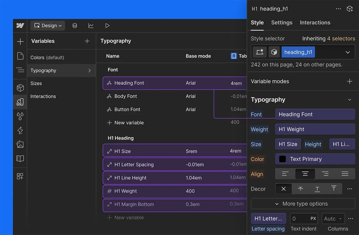 Styles panel with linked variables