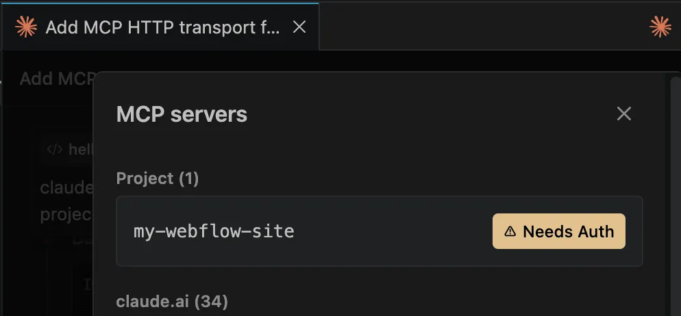 The project-specific MCP server connection in VSCode, needing authentication