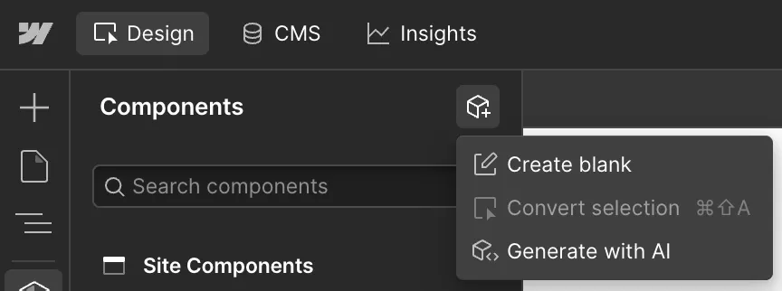 Using the menu option to generate a component with AI