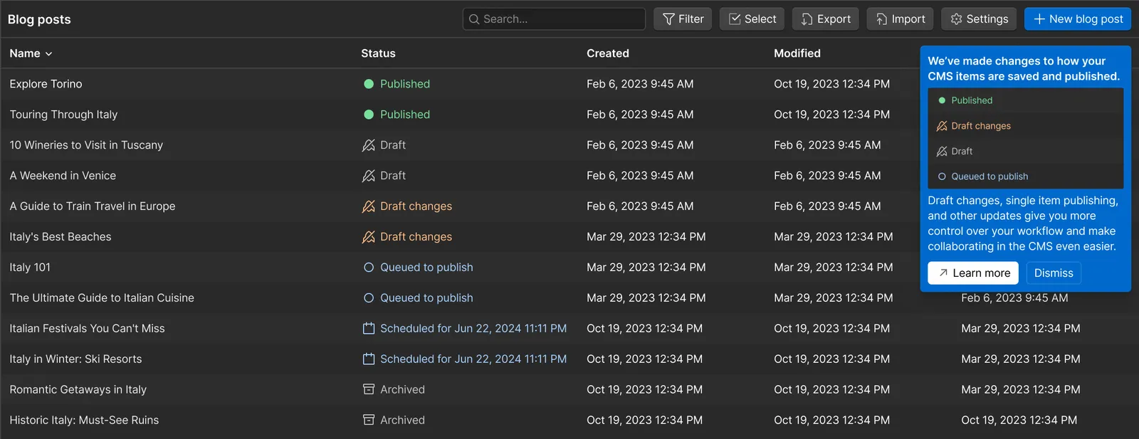 Item status in Webflow