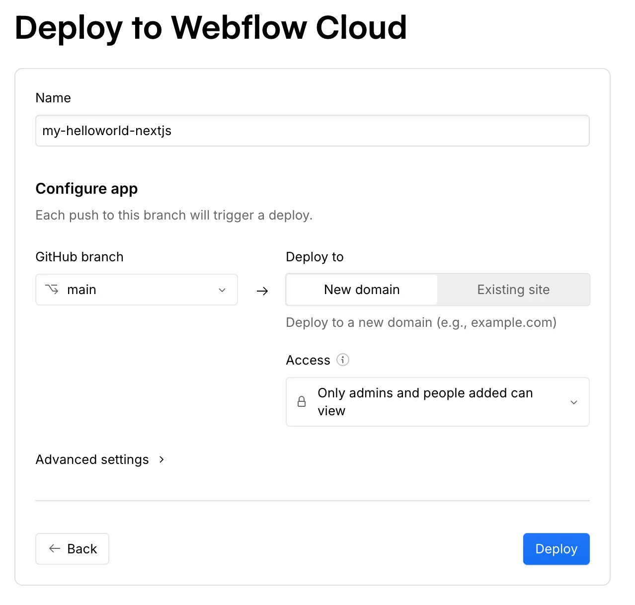Selecting the branch to deploy