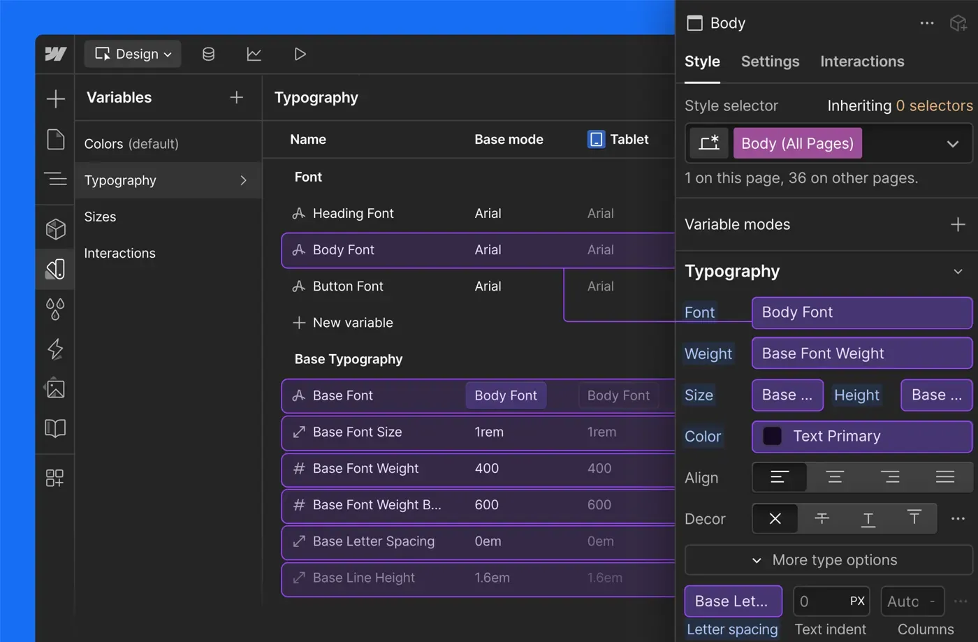 Styles panel with linked variables