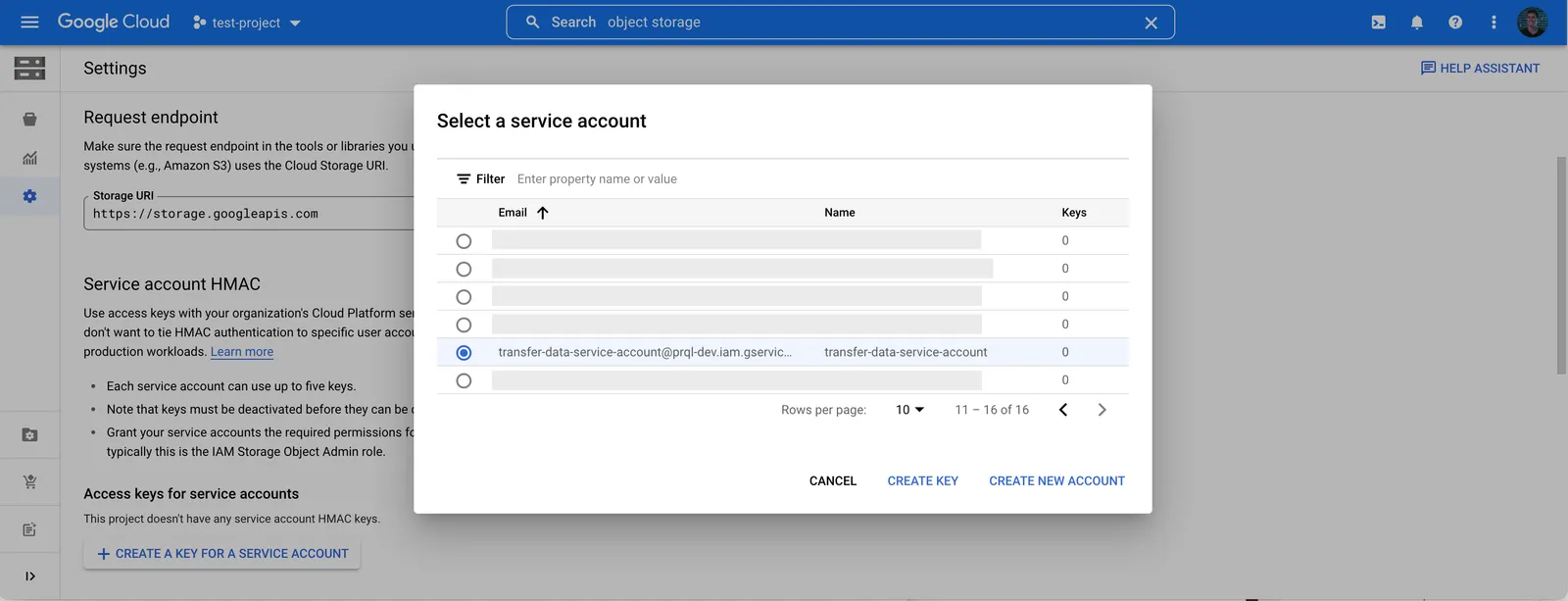 Select service account for HMAC