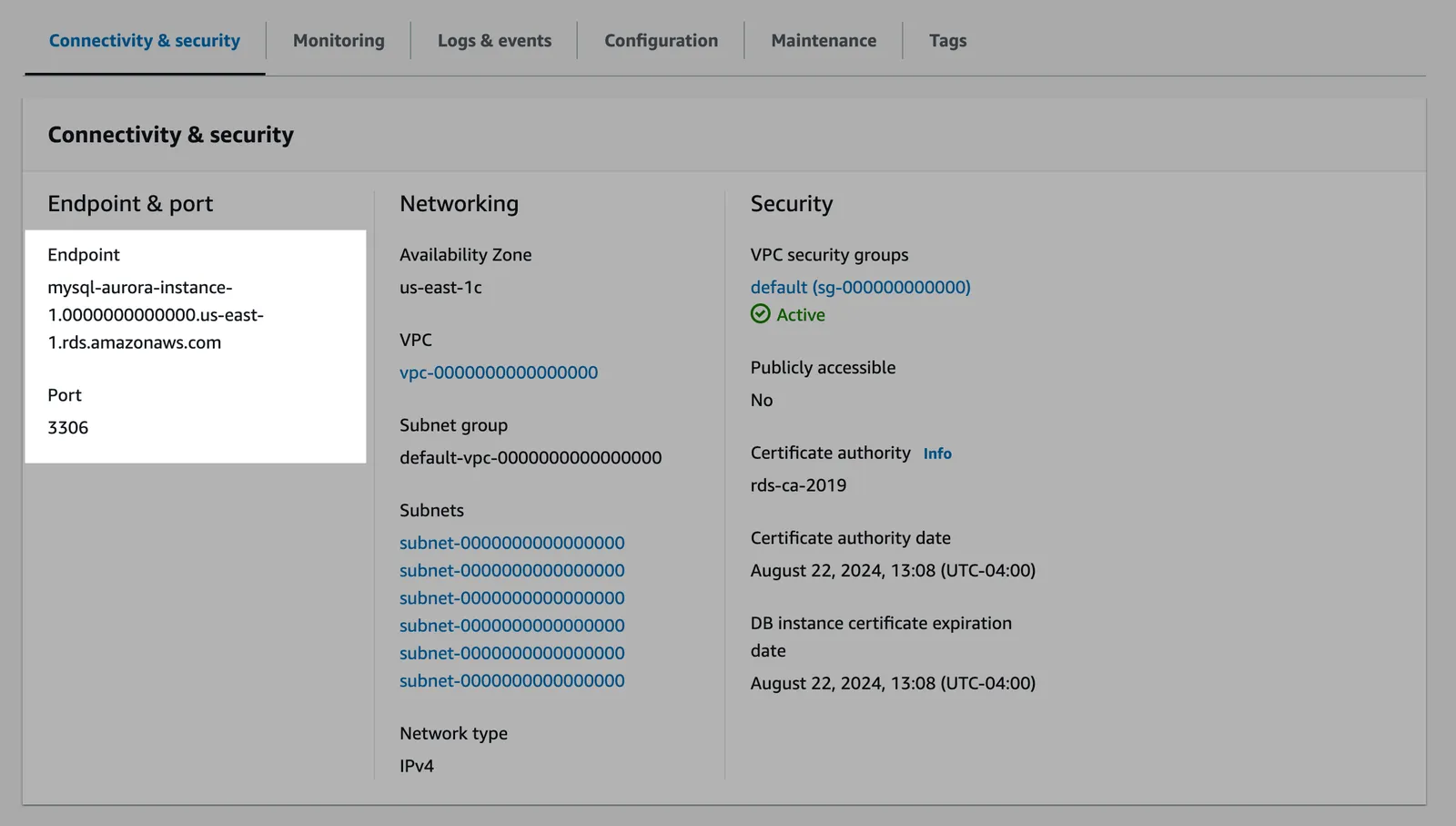 MySQL endpoint port