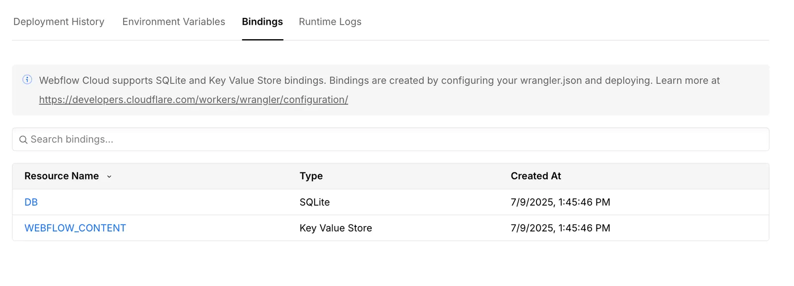 Storage tab in Webflow Cloud environment dashboard