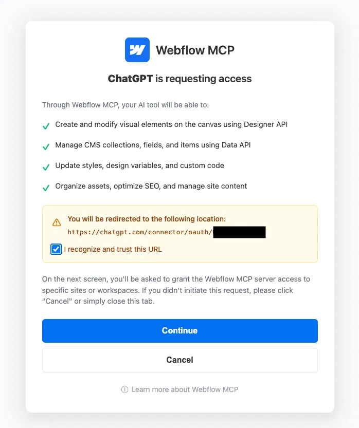 The Webflow MCP authorization dialog requesting ChatGPT access