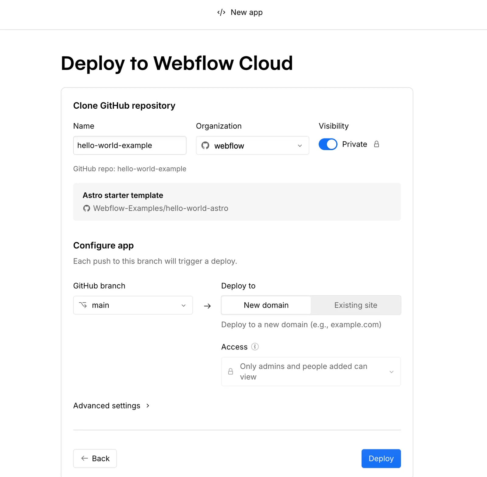 The Webflow Cloud deploy wizard showing repository and app configuration