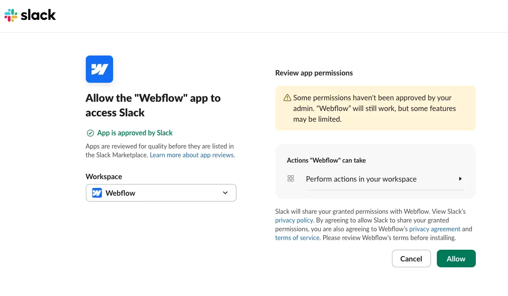 Slack's dialog to allow the Webflow app to access a Workspace
