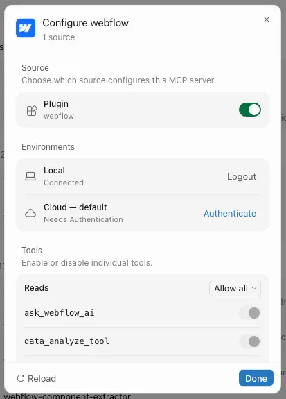 The Webflow MCP server configuration dialog with the Logout button under Environments