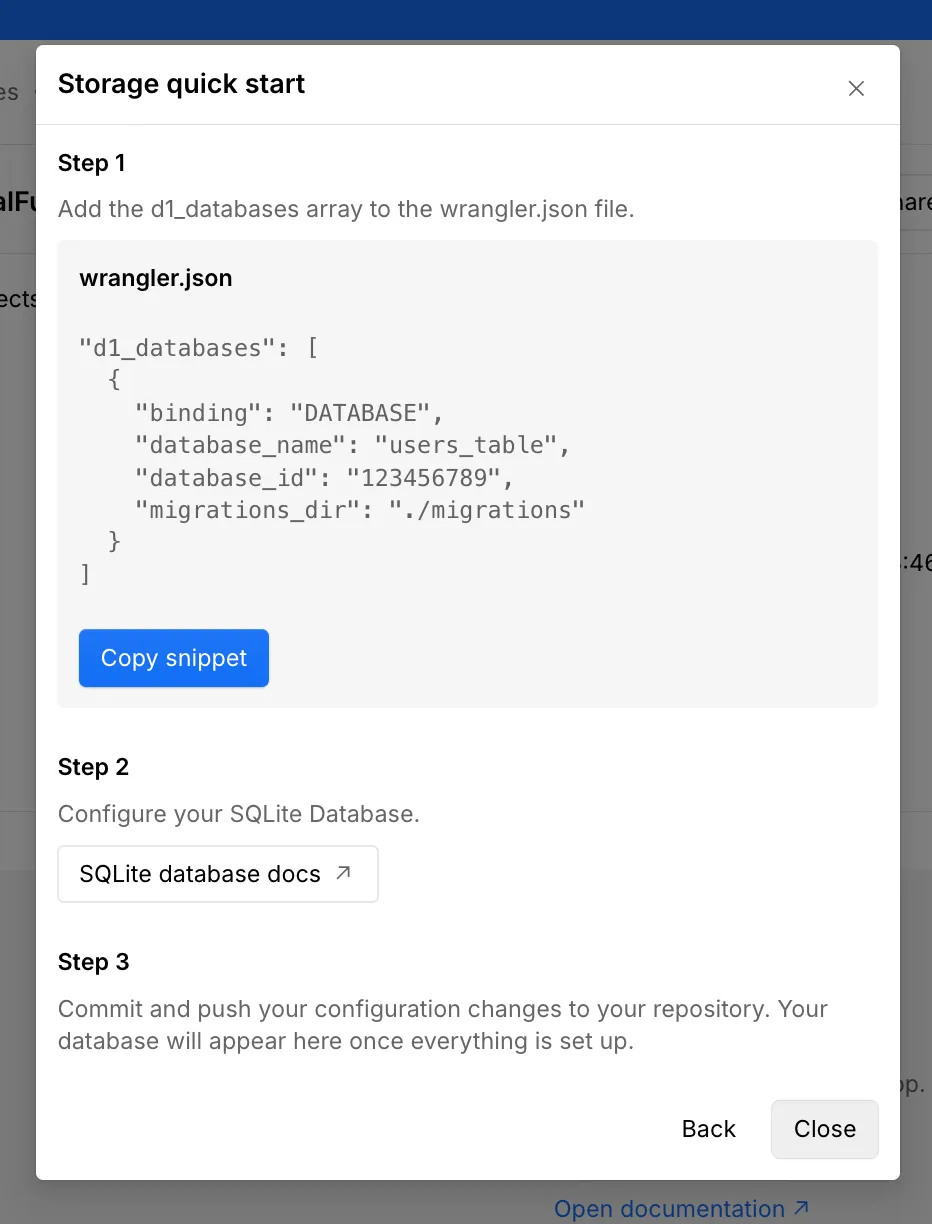 Example snippet for adding a SQLite database