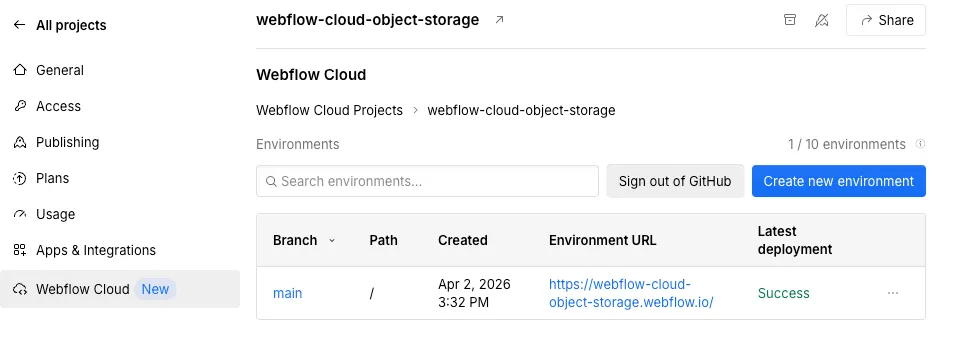 The environments for the application, showing the deployed application