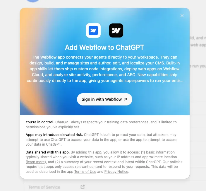 The Add Webflow to ChatGPT sign-in dialog