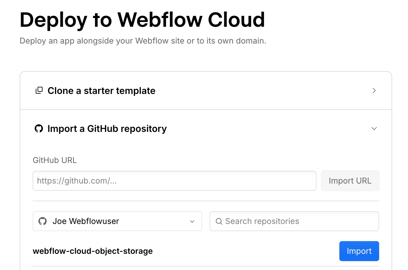 Selecting the repository to deploy to Webflow Cloud