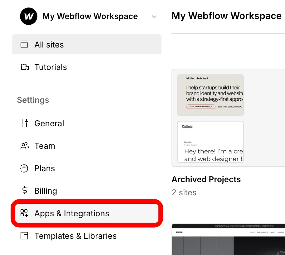 The Webflow Dashboard, with the Apps & Integrations tab highlighted
