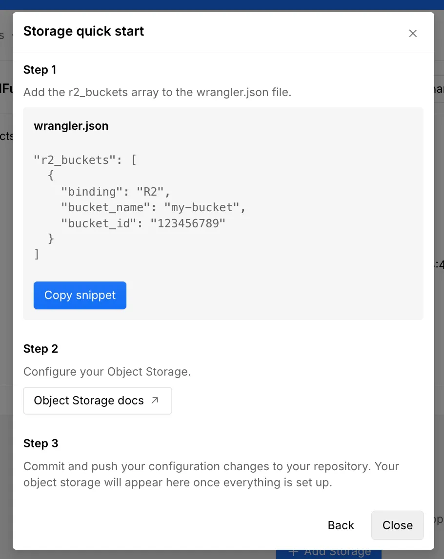 Example snippet for adding a Object Storage